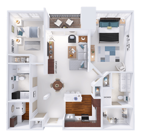 a 3d rendering of a floor plan with a bedroom and a living room